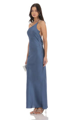 One Shoulder Pearl Satin Maxi Dress in Slate Blue