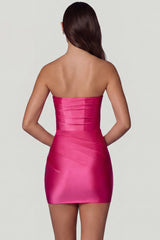 Ruched Bandeau Mini Dress in Hot Pink