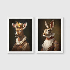 Set of 2 framed prints, animals in period noble dress: a deer with a floral crown and lace collar; and a hare in a lace ruff collar — unframed