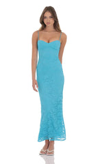 Lace Back Bow Maxi Dress in Aqua Blue