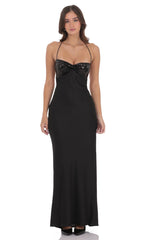 Sequin Bust Satin Maxi Dress in Black