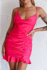 Harriet Cowl Neck Ruched Satin Mini Dress Hot Pink