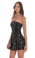 Sequin Beaded Flare Strapless Dress in Black