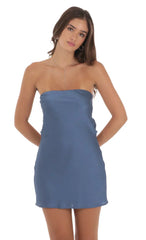 Satin Pearl Open Back Dress in Slate Blue