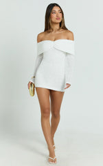 Virginia Mini Dress - Off Shoulder Sheer Sequin Knit Dress in White