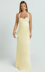 Flynn Maxi Dress - Satin Halter Sweetheart Neck Dress in Butter Yellow