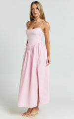 Morris Midi Dress - Linen Scoop Neck Gathered Dress in Pink