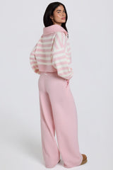 Knit Mid-Rise Wide-Leg Joggers in Soft Pink