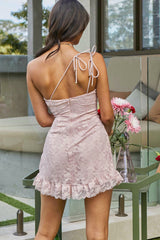 Love Divine One-Shoulder Double Strap Mini Dress Lace Blush