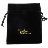 black pouch with satin crystals in gold print