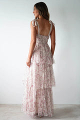 Tie Up Floral Print Tiered Maxi Dress