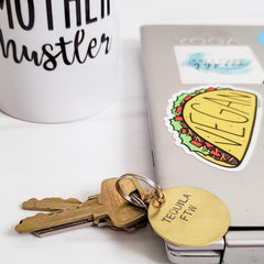 FRESH OUT of FUCKS Brass Keychain with Middle Finger Emoji Salt and Sparkle
