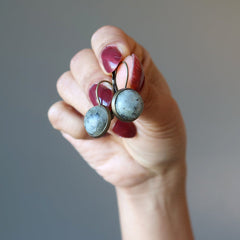 hand holding labradorite leverback earrings