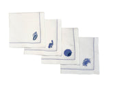 Mixed Sea Life Embroidered on White Linen & Fresh Blue Hem Stitch Dinner Napkins, Set of 4