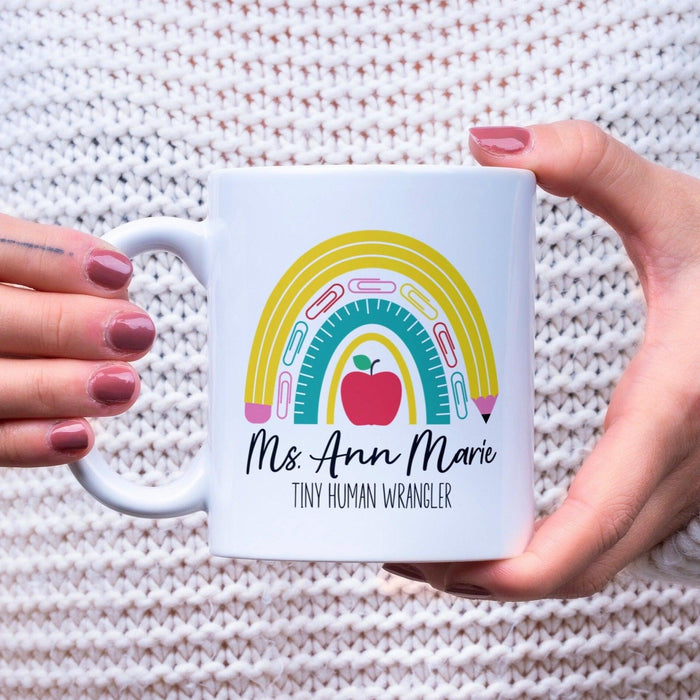Personalized Tiny Human Wrangler Teacher Mug - Funny Teacher Coffee Cup - Teacher Cup for End of Year Gift - Preschool Rainbow Teacher Mug