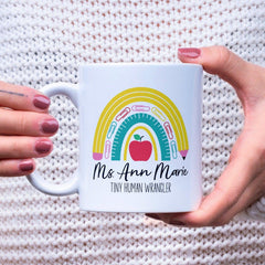 Personalized Tiny Human Wrangler Teacher Mug - Funny Teacher Coffee Cup - Teacher Cup for End of Year Gift - Preschool Rainbow Teacher Mug