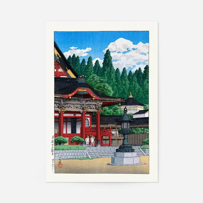 Red Temple by Hasui Kawase, Japanese woodblock print, unframed in green