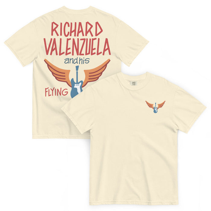 Cream colored Comfort Colors shirt with vintage-style text that reads 'Richard Valenzuela and his Flying Guitar' with an image of a blue guitar and orange wings from Sew Bonita in Corpus Christi, Texas
