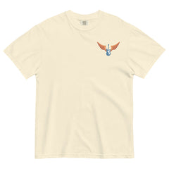 Cream colored Comfort Colors shirt with vintage-style text that reads 'Richard Valenzuela and his Flying Guitar' with an image of a blue guitar and orange wings from Sew Bonita in Corpus Christi, Texas