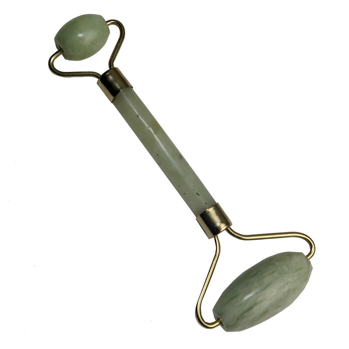 green jade facial roller in gold metal