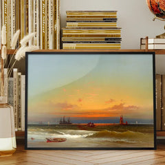 Sunset Seascape Print by James Hamilton framed on a living room bookshelf