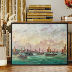 Tall masted steamer Print by Basilio Ivankovic framed on a living room bookshelf