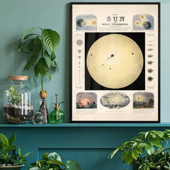 The Sun and solar phenomena art print, educational poster black framed on a living room shelf