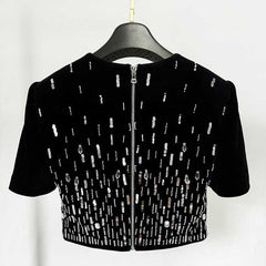 Velvet Sequin-Embellished Cropped Skirt Suit