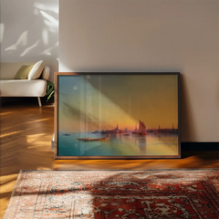 Venice Sunset Print by Ivan Konstantinovich Aivazovsky framed, leaning on a wooden floor beside a rug