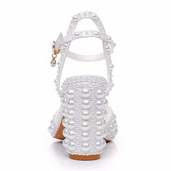 White chunky wedding sandals designed with pearl embellishments for stylish brides