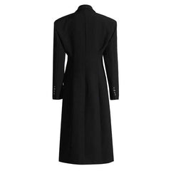 Back view of women's black maxi blazer coat with a tailored fit and elegant design