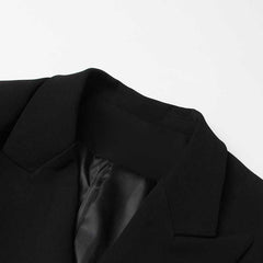 Close-up of a women's black maxi blazer coat showcasing the sleek collar and smooth inner lining