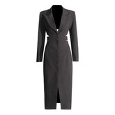 Women's Cut-Out Maxi Coat Slim Fit Black Blazer Dress