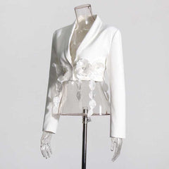 Women's Flower Embellished V-Neck Crop Top Blazer Wedding Coat