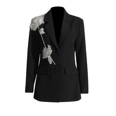 Women's Sparkly Rhinestone Embellished Blazer Black Formal Coat with Pocket