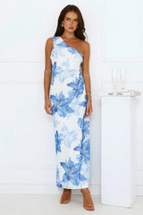 Blueberry Breeze One Shoulder Mesh Maxi Dress Blue