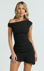 Goldie Mini Dress - Tipped Off Shoulder Cap Sleeve Ruched Fitted Ruffle Hem Skirt Dress in Black