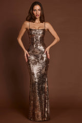 Embellished Straight-Neck Maxi Dress in Black Gold Foil