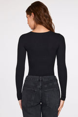 Ribbed Modal Long-Sleeve Plunge Bodysuit in Black