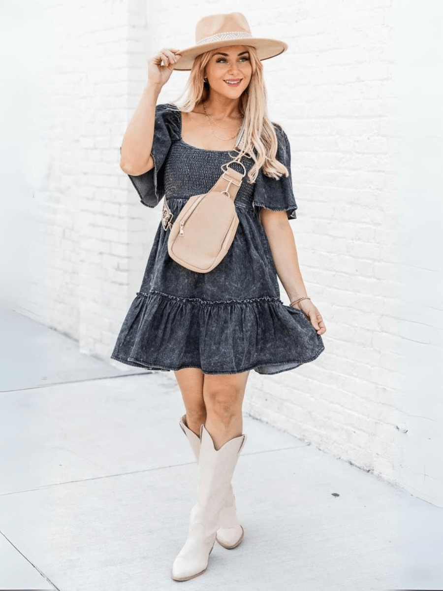 Sonesta Babydoll Denim Mini Dress - Black