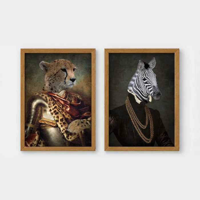 Set of 2 framed prints, animals in armour/noble dress: a cheetah in ornate armour; and a zebra in a dark robe with gold chains — unframed