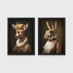 Set of 2 framed prints, animals in period noble dress: a deer with a floral crown and lace collar; and a hare in a lace ruff collar — unframed