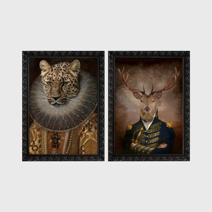 Set of 2 framed prints, animals in period noble dress: a leopard in an Elizabethan ruff collar; and a stag in a military uniform — unframed