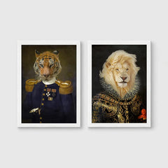 Set of 2 framed prints, animals in military/noble dress: a tiger in a military uniform with medals; and a lion in ornate armour with a ruffed mane — unframed
