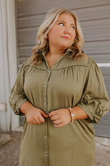 Falling Leaves Button Down Mini Dress in Olive Curves