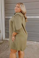 Falling Leaves Button Down Mini Dress in Olive Curves