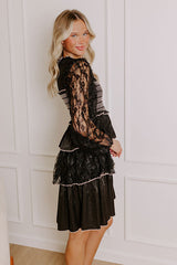 Romantic Notion Lace Tiered Mini Dress in Black