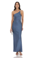 One Shoulder Pearl Satin Maxi Dress in Slate Blue