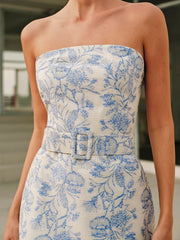 Jacquard Collarless Short Dress With Belt