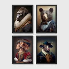 Set of 4 framed prints, animals in Renaissance-style noble dress: a gorilla in a Renaissance fur-collared robe; a brown bear in a bow-tie suit; a dachshund in noble red velvet dress and hat; and a bull in a blue noble collar — unframed